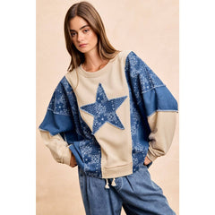 PAISLEY DENIM COMBO FRENCH TERRY STAR PATCH TOP