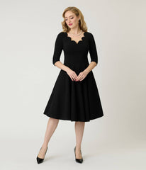 Unique Vintage Black Scalloped Neck Swing Dress