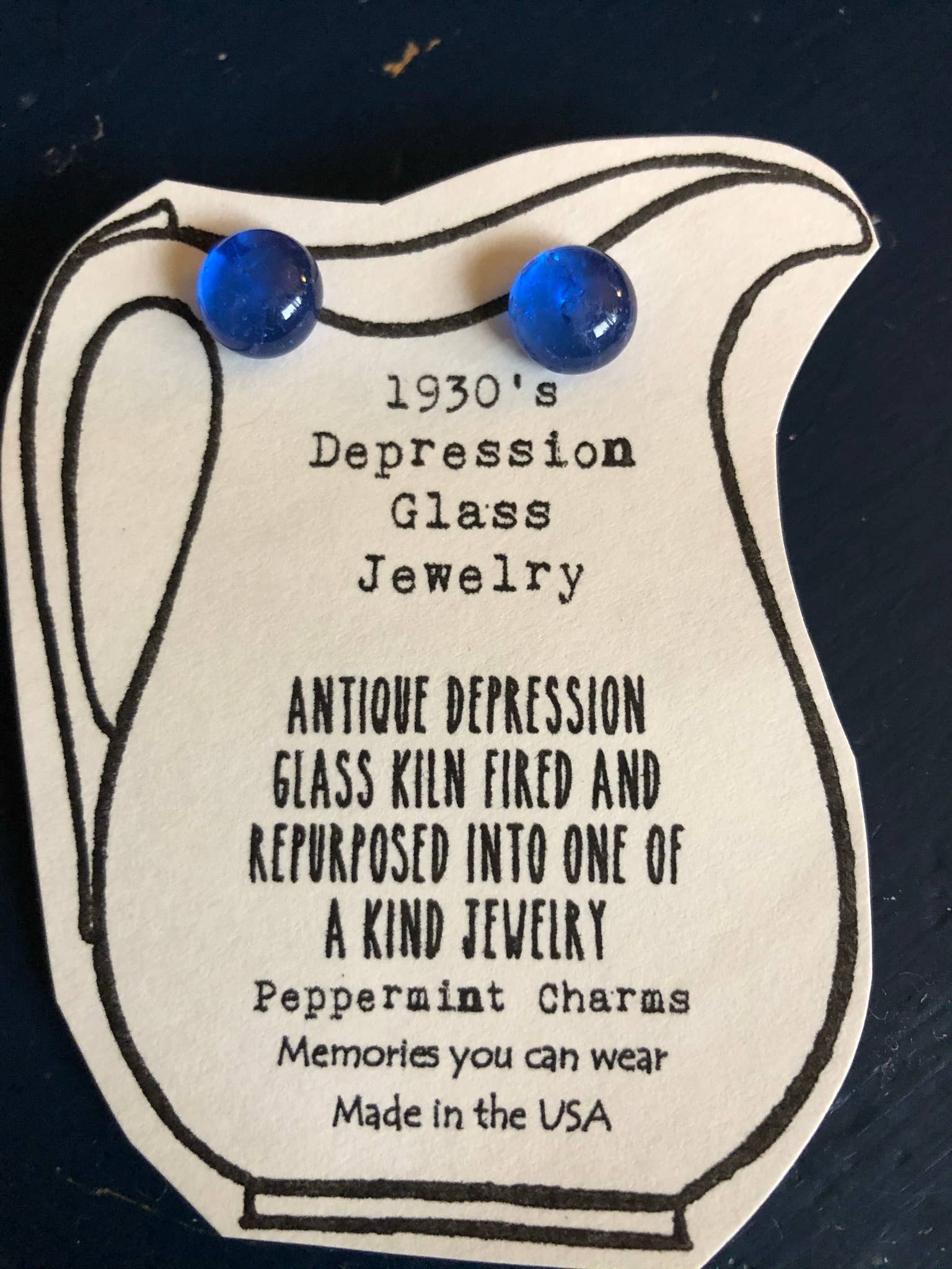 Depression glass Cobalt blue sterling silver stud earrings