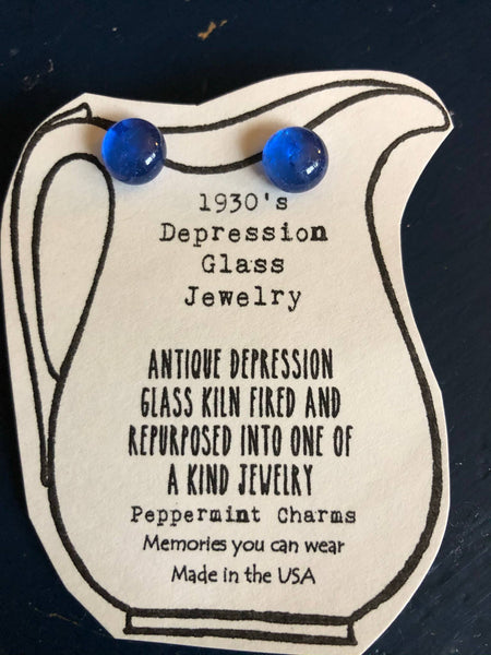 Depression glass Cobalt blue sterling silver stud earrings