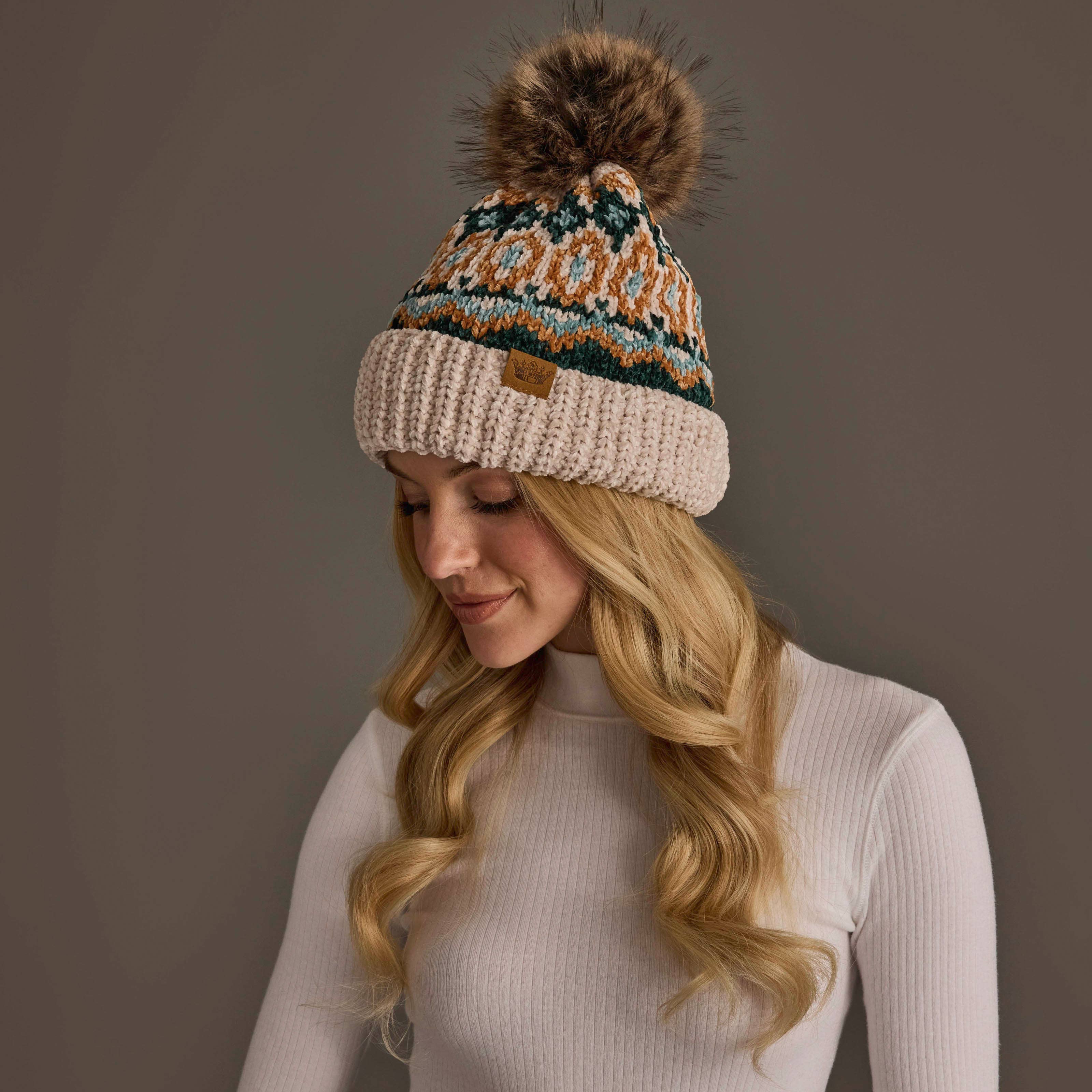 Beige & Multicolored Patterned Chenille Pom Hat
