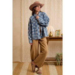 WASHED CHECKER DENIM JACKET WITH OVERSIZED POCKET