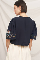 Short Sleeve Embroidered Tie-Front Top