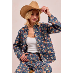 WASHED FLORLA PRINT DENIM JACKET