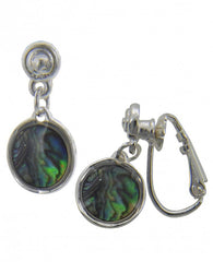 FR2411  Abalone Round Clip Dangle Metal Earrings