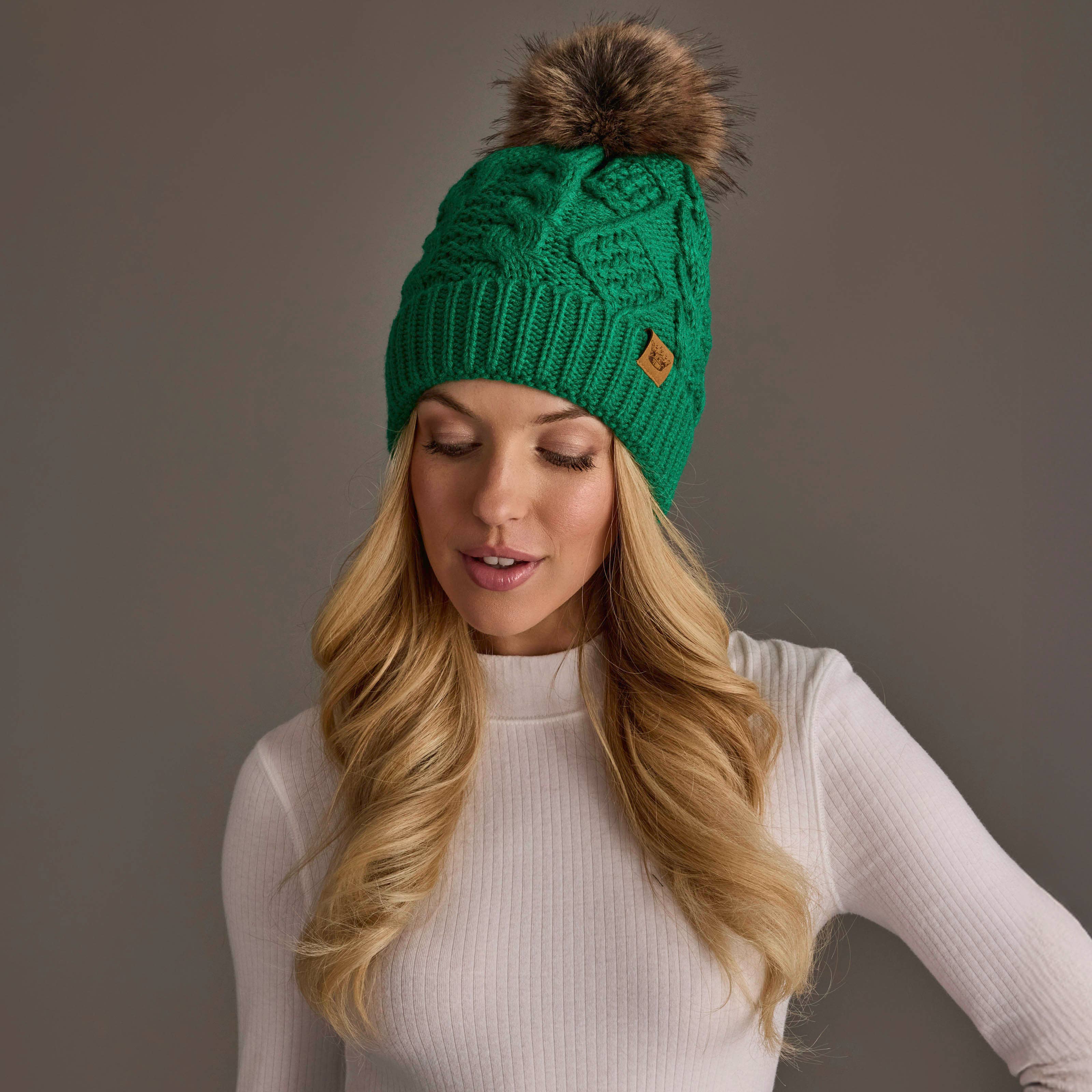Bright Classic Green Cable Knit Pom Hat