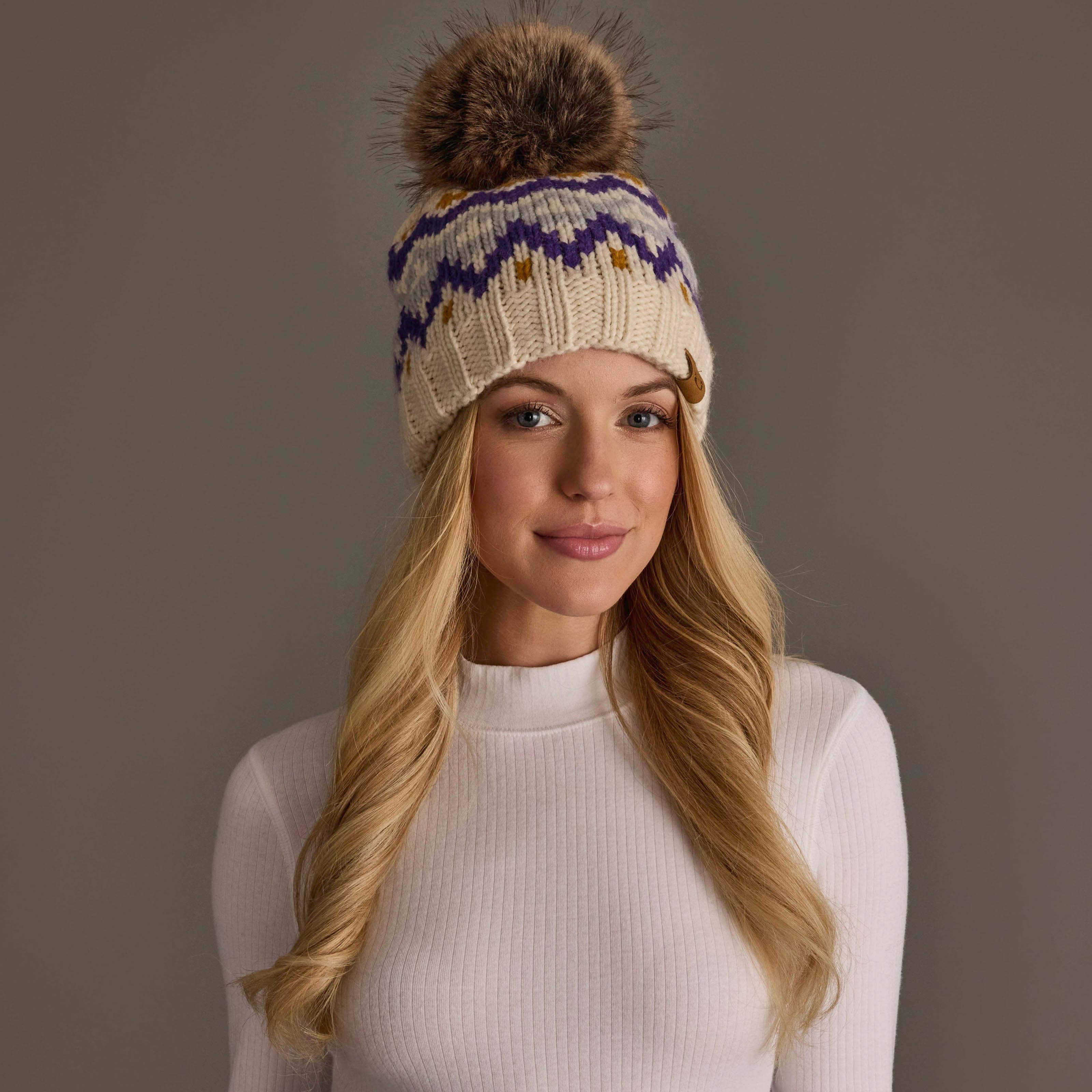 Cream, Gold, Purple & Gray Patterned Pom Hat