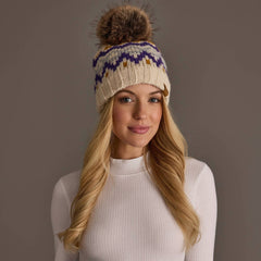 Cream, Gold, Purple & Gray Patterned Pom Hat