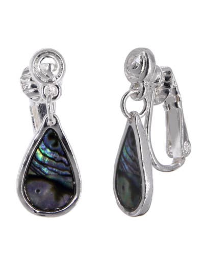 FR2413 Abalone Teardrop Clip Dangle Metal Earrings