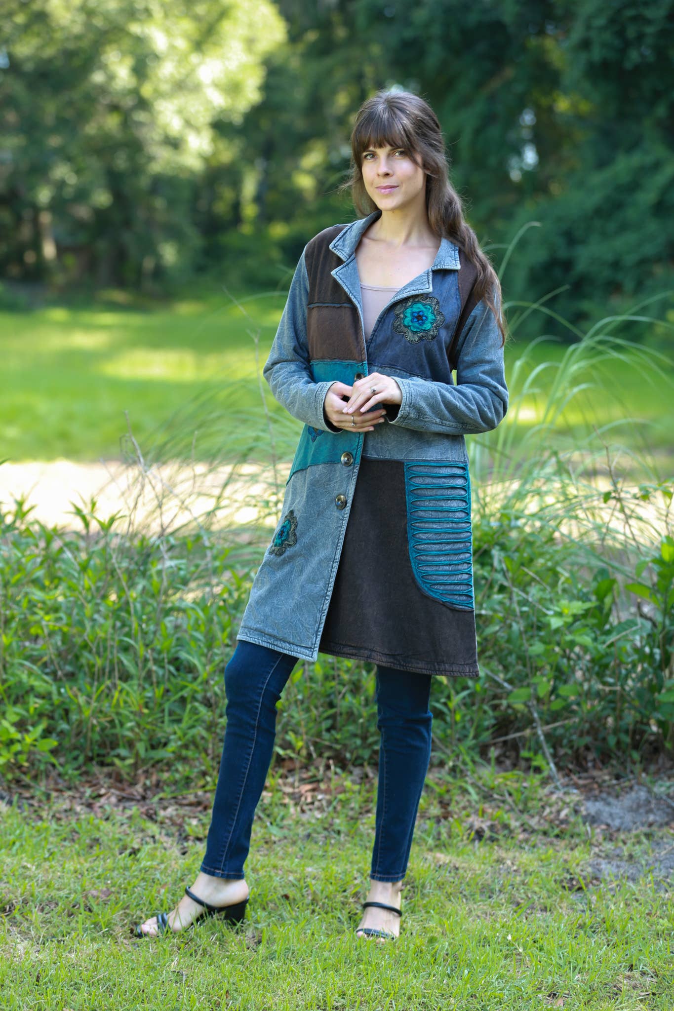 Hippie Boho Coat: Ash Blue Patchwork with Embroidery
