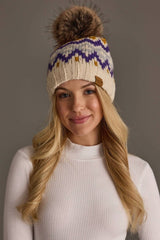 Cream, Gold, Purple & Gray Patterned Pom Hat