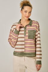 71493 Mixed Stripe Suede Accent Polo Pullover