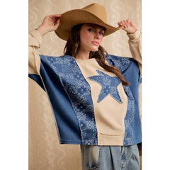 PAISLEY DENIM COMBO FRENCH TERRY STAR PATCH TOP