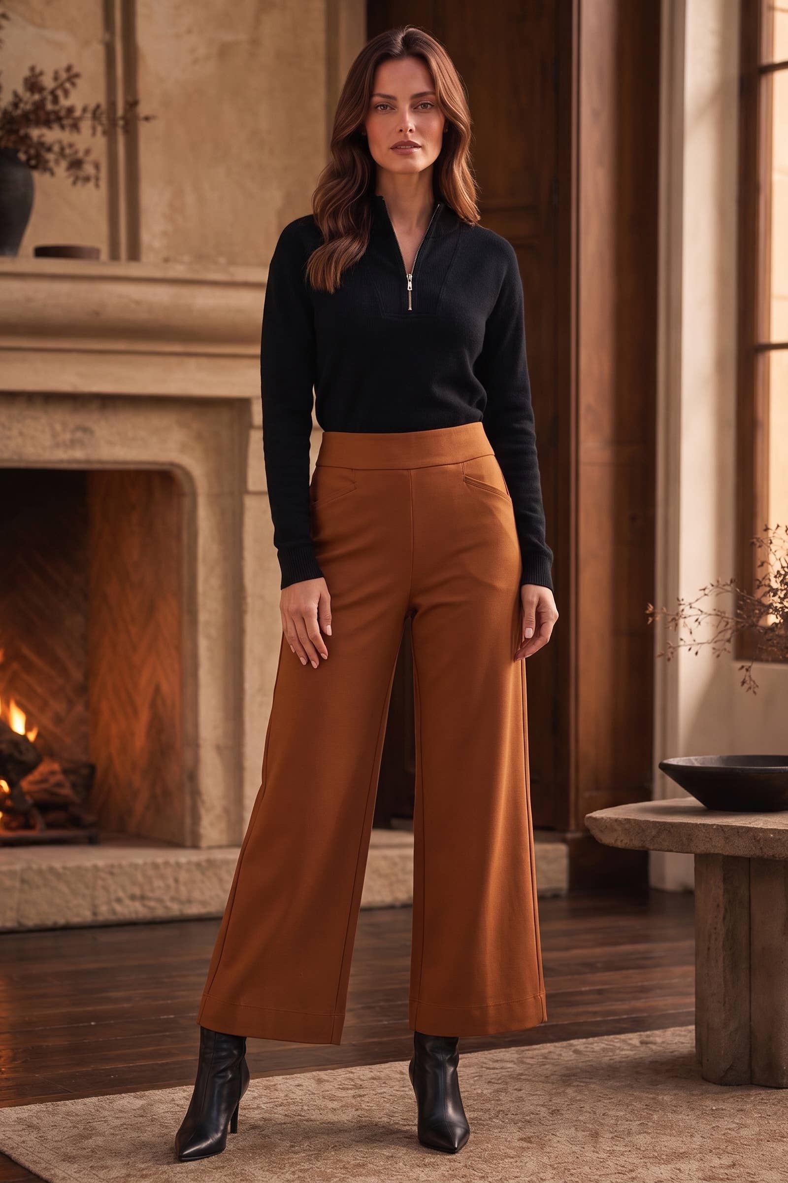 High Rise Twill Wide-Leg Pants