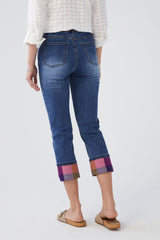 FDJ French Dressing Jeans Dark Blue Pull-On Plaid Cuff Crop Pant 2372669